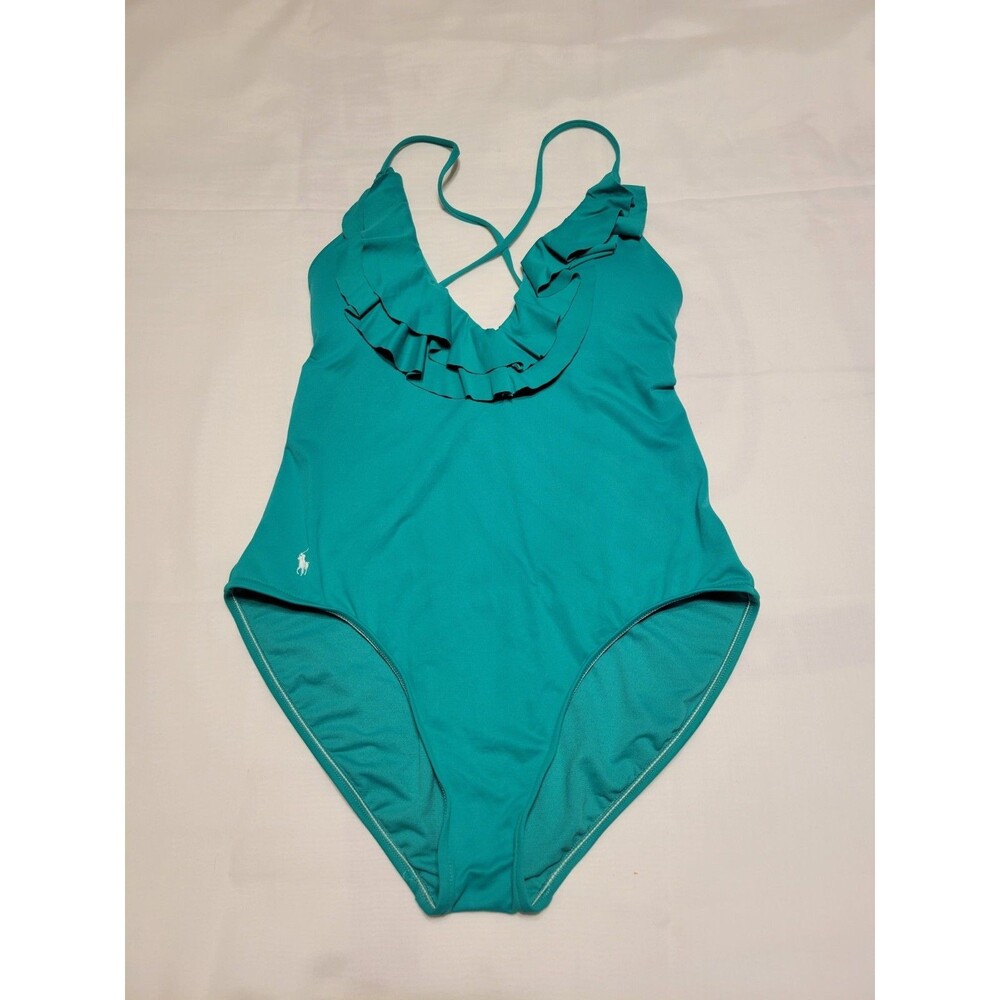 Polo Ralph Lauren One Piece Swimsuit Green Ruffled Halter Tie in the Back  Sze L